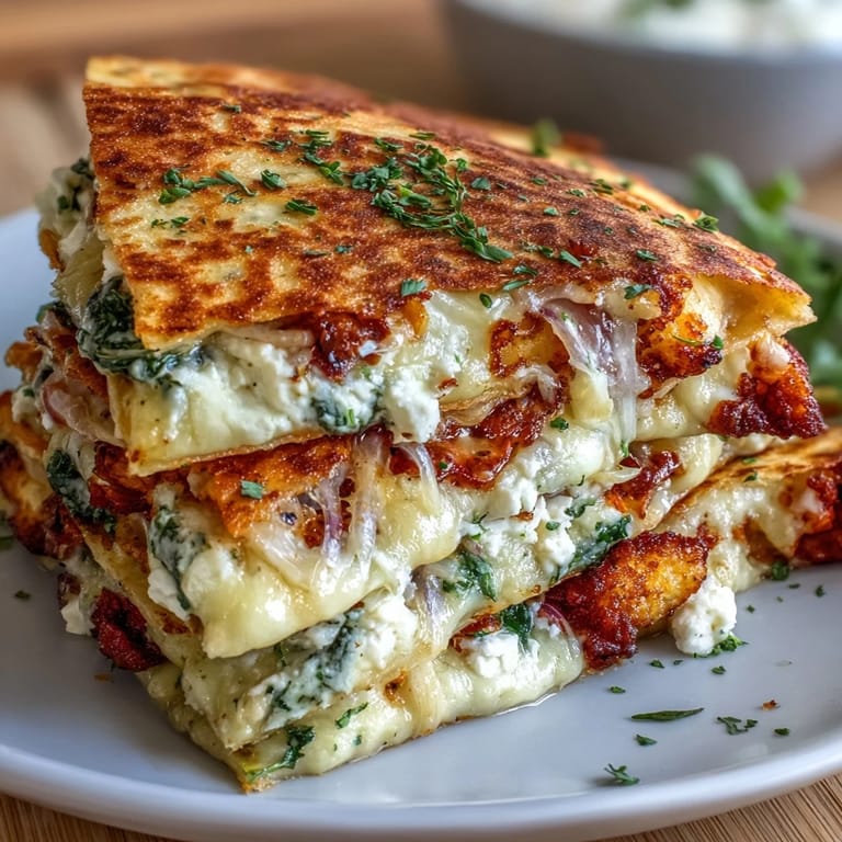 Warm, golden quesadillas bursting with Mediterranean flavors, featuring melty mozzarella, tangy feta, and fresh spinach for a satisfying vegetarian meal.