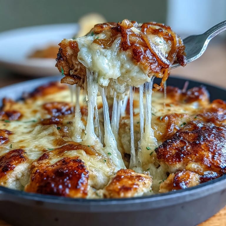 Comforting French Onion Chicken Bake with Melted Gruyere: juicy chicken nestled in savory onion broth, crowned with golden, melted Gruyere cheese.