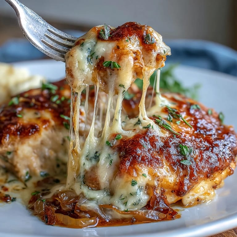 Savory French Onion Chicken Bake with Melted Gruyere: tender chicken smothered in sweet caramelized onions and melted Gruyere, baked to perfection.