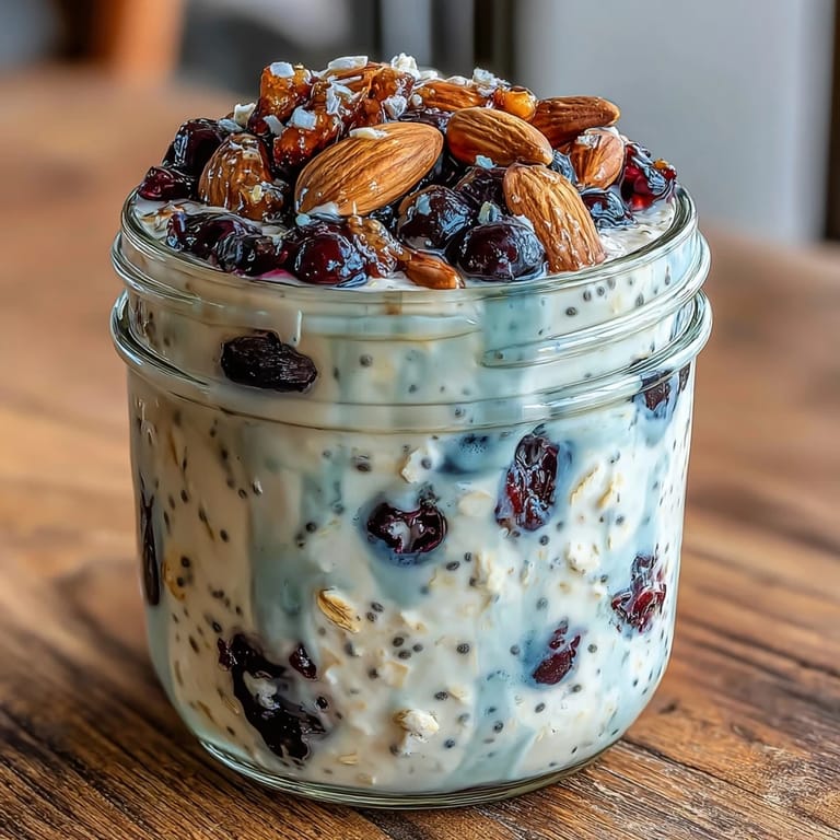 Layered chia overnight oats topped with fresh blueberries and sliced almonds, perfect for healthy grab-and-go mornings.