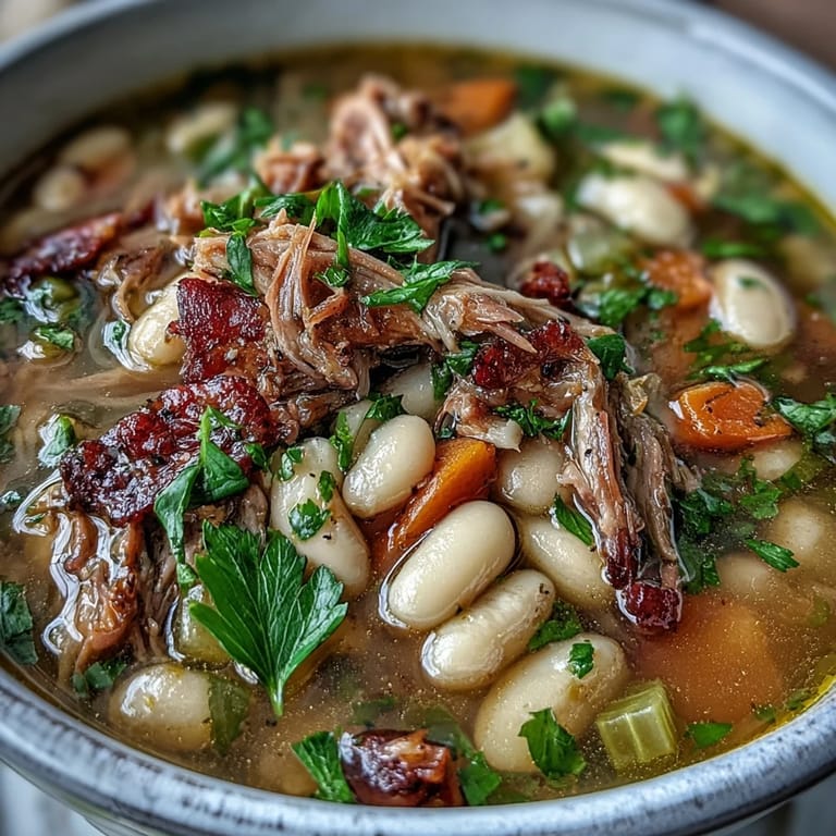 Creamy white bean and ham hock soup topped with fresh parsley, perfect for cold winter evenings.
