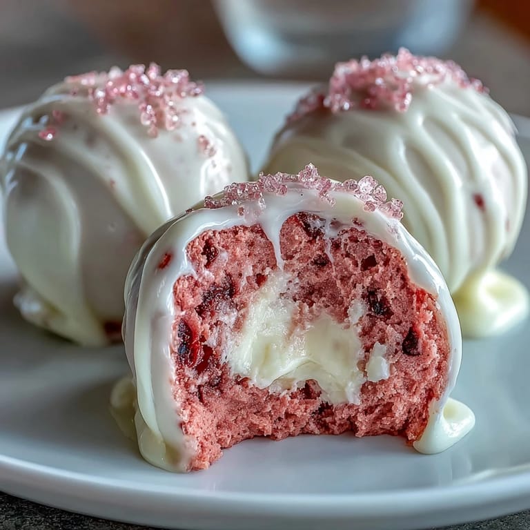 Festive pink velvet cake pops filled with rich cream cheese frosting, dipped in smooth white chocolate for a sweet treat.
