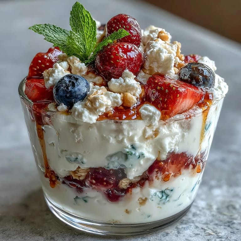 Creamy cottage cheese berry parfait with granola, topped with vibrant raspberries and a drizzle of honey for natural sweetness.