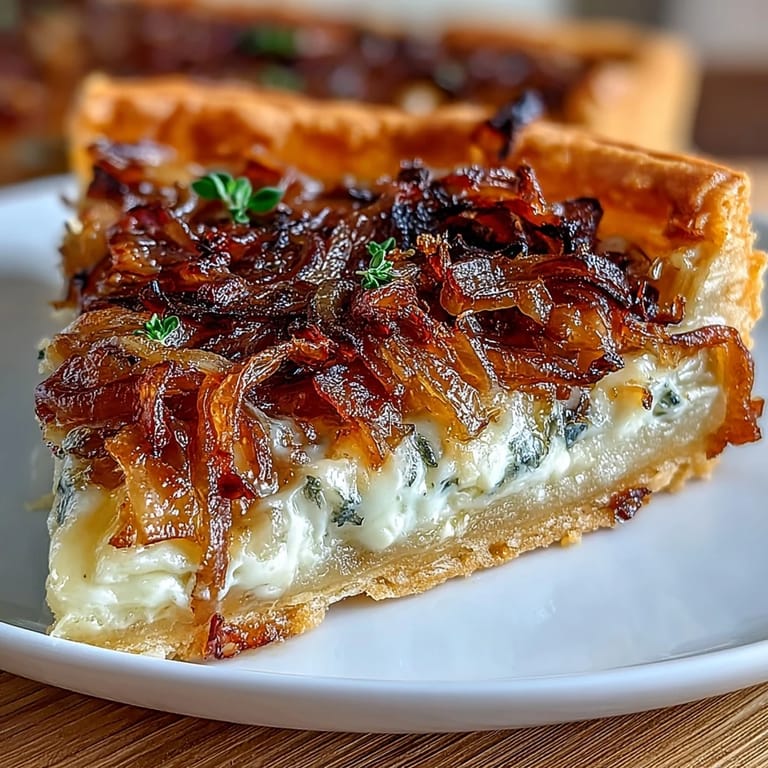 Savory tart featuring slow-cooked caramelized onions and rich Gruyere cheese baked in flaky puff pastry.