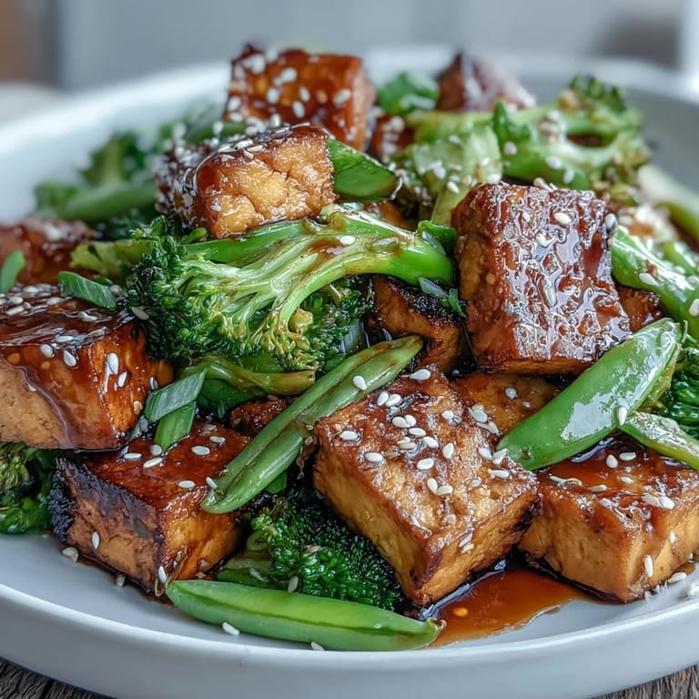 Colorful tofu and vegetable stir-fry glazed in sweet-savory teriyaki sauce, served hot with sesame seeds and fresh cilantro. Perfect for quick weeknight meals.