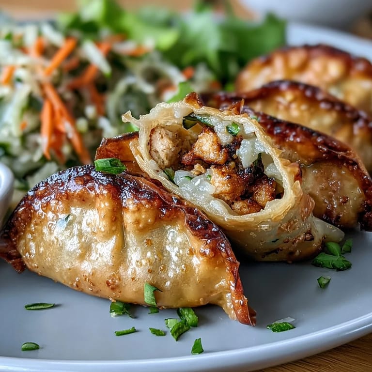Colorful chicken and veggie rice paper dumplings served hot with savory dipping sauce for a gluten-free appetizer.  