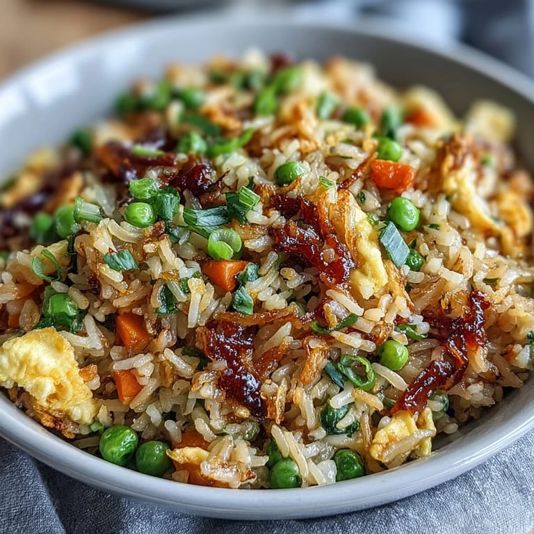Bright, flavorful fried rice loaded with spring peas, carrots, and bell peppers, perfect for a quick vegetarian meal.  