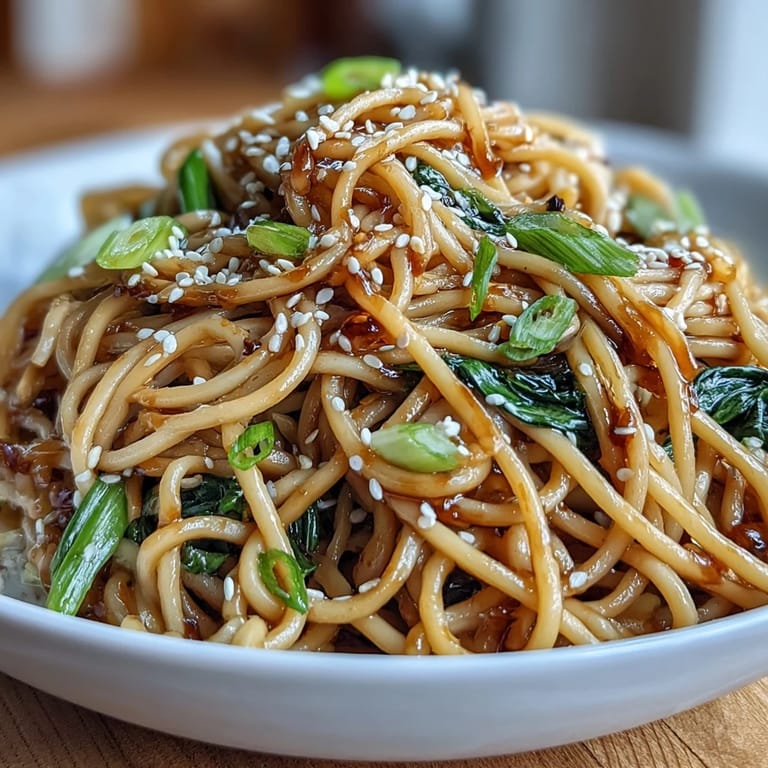 Silky noodles coated in a spicy ginger-scallion sauce, served with tender bok choy and snap peas for a fresh, aromatic meal.  