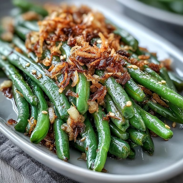 Aromatic sesame garlic green beans with a savory glaze, garnished with toasted sesame seeds and crispy fried onions.