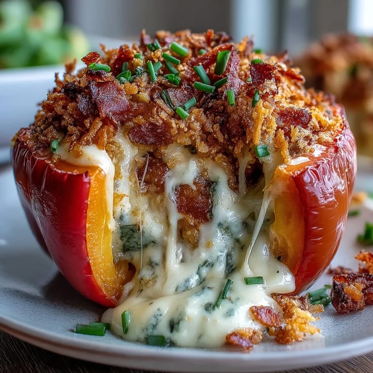 Cheesy funeral potatoes filling spooned into colorful bell peppers before baking.  