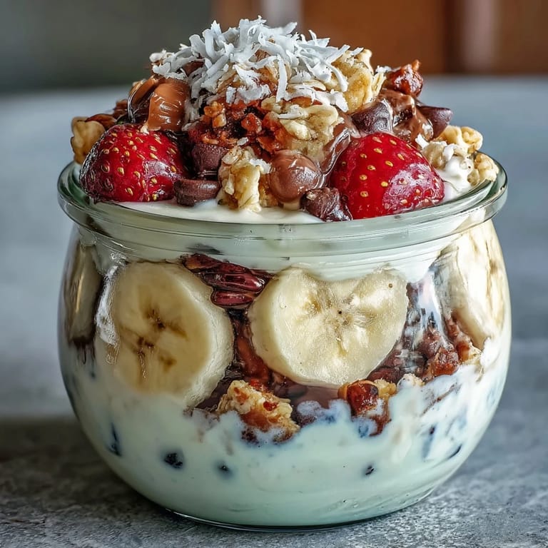 Layered banana split breakfast jar with ripe fruit, crunchy granola, and a touch of dark chocolate, served in a portable glass container.