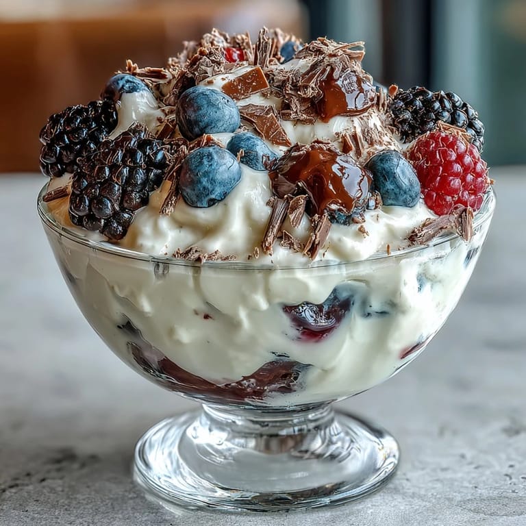 Creamy Greek yogurt layered with sweet mixed berries and rich dark chocolate shavings in elegant glasses.  