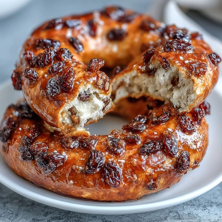 Freshly baked bagels featuring cinnamon, plump raisins, and Greek yogurt for extra tenderness, ideal for a protein-rich morning treat.
