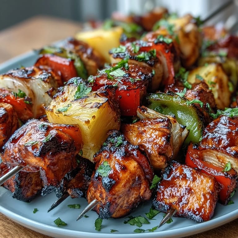 Colorful grilled chicken pineapple kabobs with bell peppers offer a tropical twist on summer grilling, with tender meat and charred veggies.