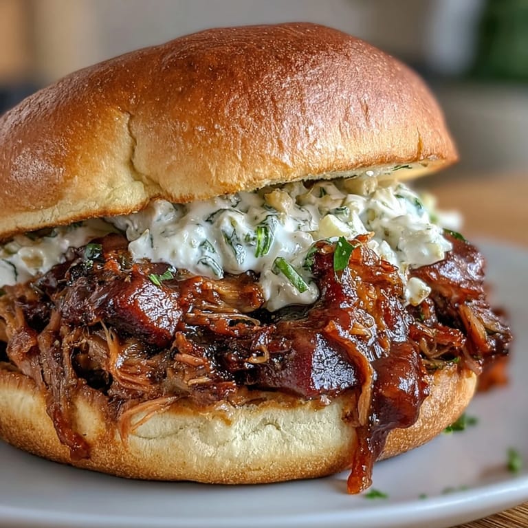 Tender shredded pork in smoky barbecue sauce served on slider buns, garnished with crisp coleslaw for a crowd-pleasing dish.