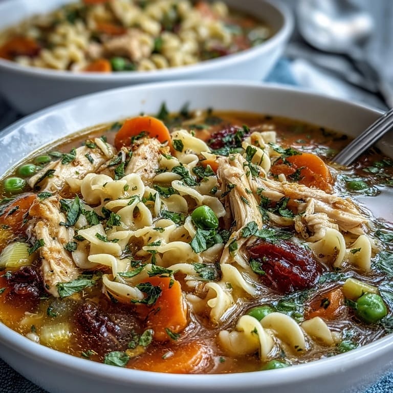 Hearty Chicken Run One-Pot Chicken Noodle Soup filled with juicy chicken, colorful veggies, and wide noodles simmering in a fragrant, comforting broth.