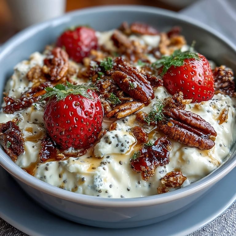Protein-packed cottage cheese breakfast bowl layered with ripe strawberries, crunchy granola, and a hint of maple syrup for natural sweetness.