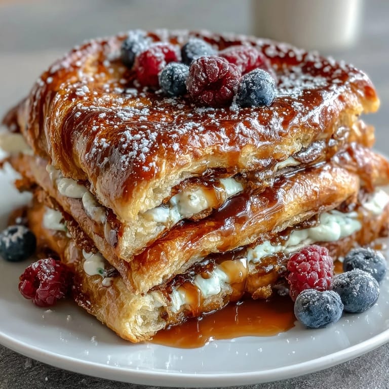 Buttery croissant French toast casserole with mixed berries baked to golden perfection.