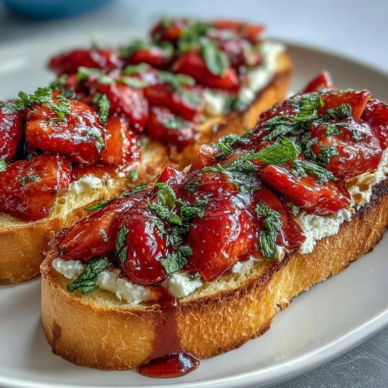 A close-up view of arranged strawberry bruschetta on a serving board garnished with fresh mint leaves.