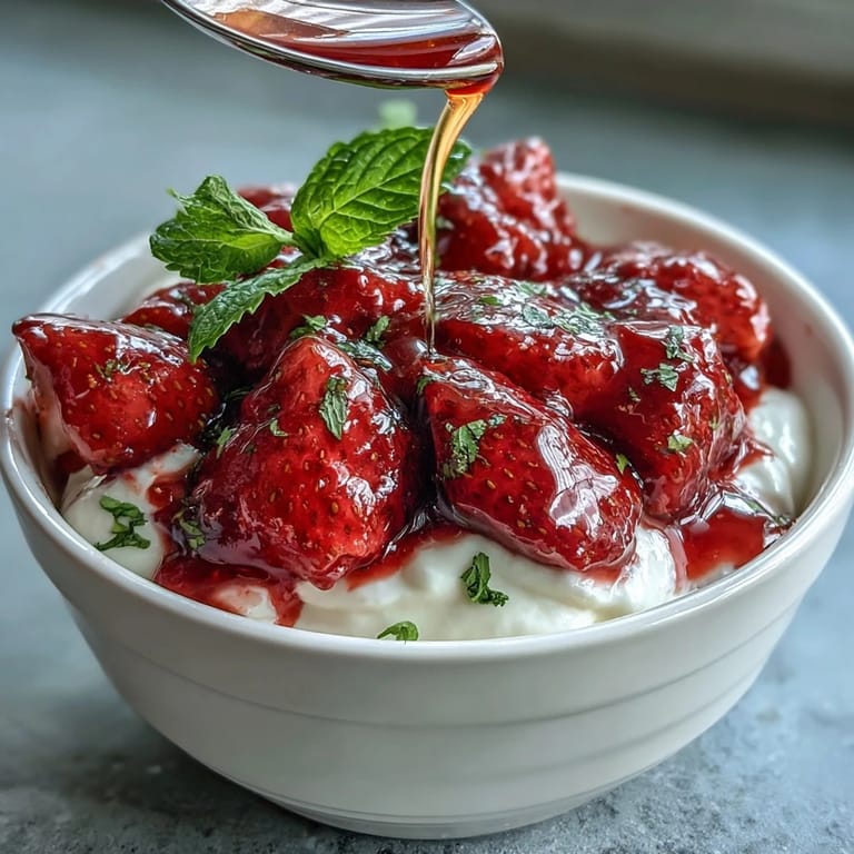Fresh strawberry compote spooned over thick Greek yogurt, garnished with mint leaves for a vibrant, healthy treat.