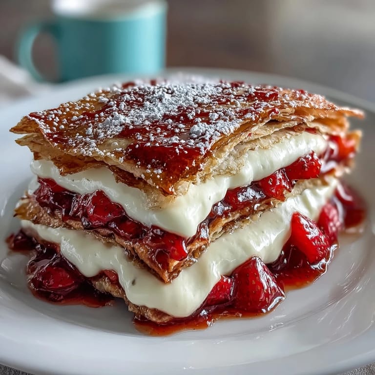 A slice of elegant strawberry crepe cake reveals delicate layers of crepes and mascarpone cream, topped with juicy fresh berries.  