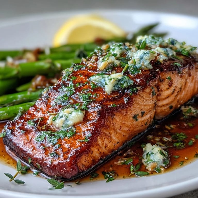 Fresh, buttery salmon fillets pan-seared to perfection, paired with crisp asparagus and aromatic garlic butter for a simple, elegant dinner.