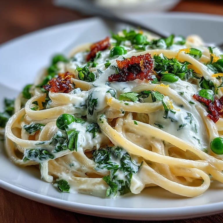 Lemon linguine with ricotta and sweet peas, garnished with parsley and Parmesan, perfect for a fresh vegetarian dinner.