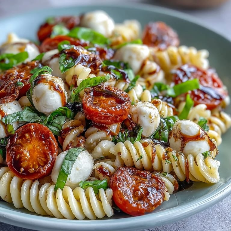 Colorful Caprese-style pasta salad featuring juicy tomatoes, creamy mozzarella, and fresh basil leaves, perfect for warm-weather meals.