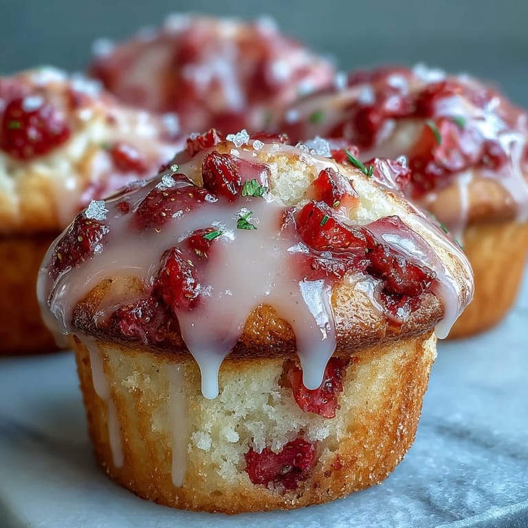 Fluffy muffins bursting with juicy strawberries and fresh lemon zest, drizzled with tangy-sweet glaze for a bakery-style treat.