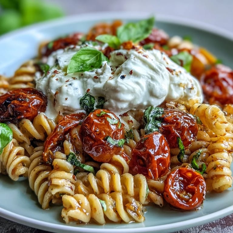 Burrata-topped Caprese pasta with sweet cherry tomatoes, fragrant basil, and a drizzle of olive oil for freshness.