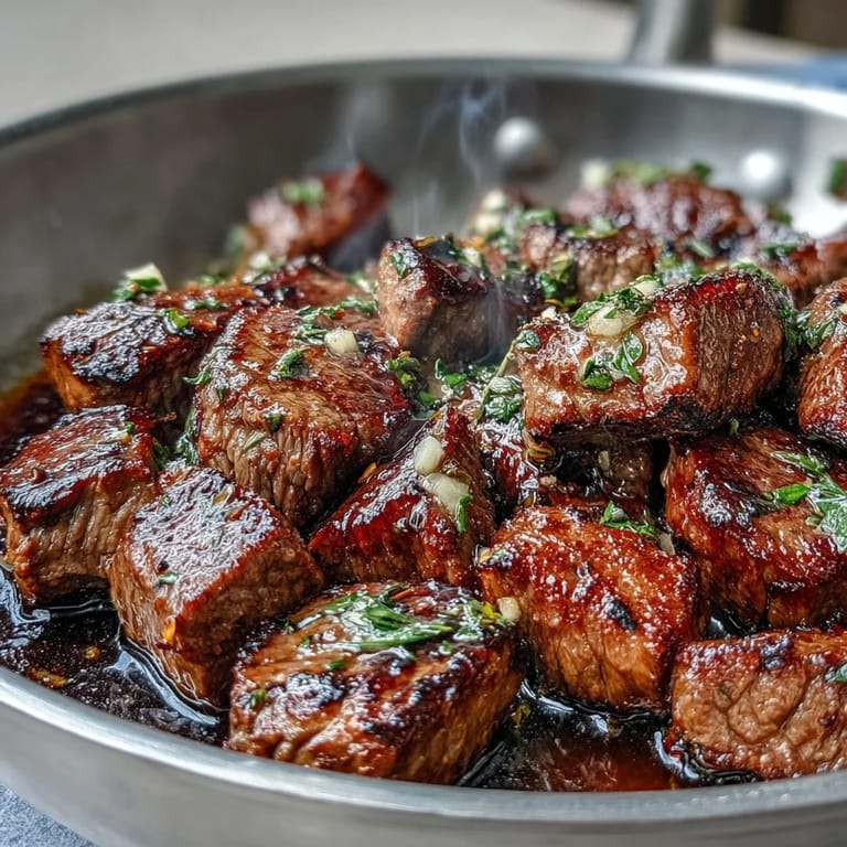 Sizzling steak bites cooked in a single pan with garlic, thyme, and butter, delivering tender, herb-infused flavor in every bite.