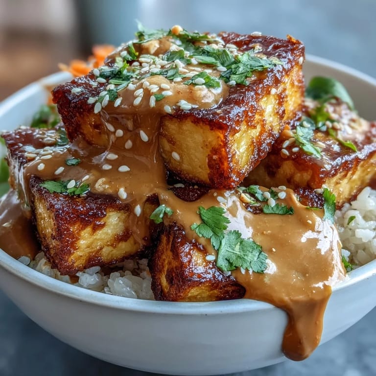 Golden oven-baked tofu served over nutty brown rice with crunchy veggies and a creamy, savory peanut sauce.  