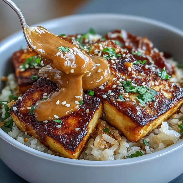 Crispy tofu bowl featuring tender brown rice, fresh vegetables, and a luscious peanut sauce for a hearty, plant-based meal.