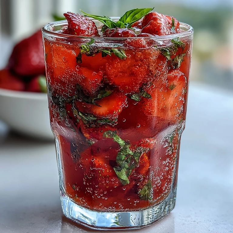 Sparkling strawberry basil mocktail served over ice with muddled fruit and fragrant herb aroma.