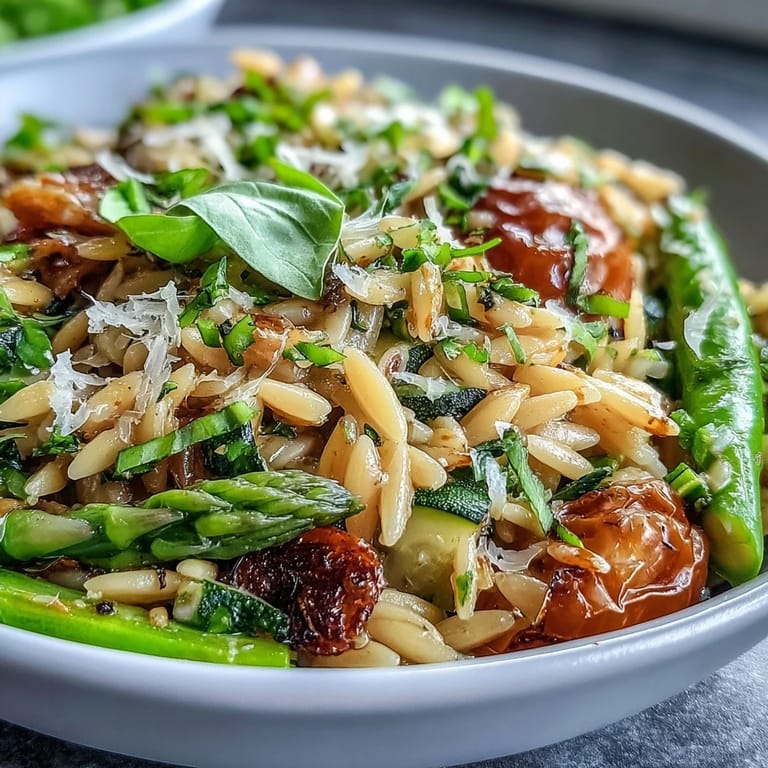 Creamy orzo primavera featuring tender spring vegetables, fragrant basil, and a zesty lemon finish for a seasonal pasta dish.