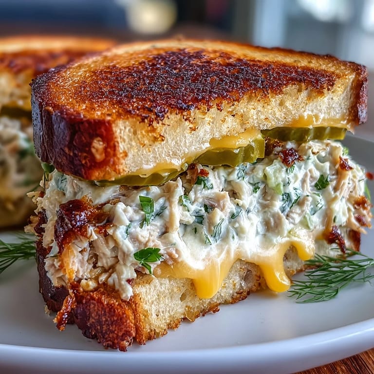 Gooey tuna salad and cheese melt inside a buttery, golden-brown crispy tuna melt sandwich