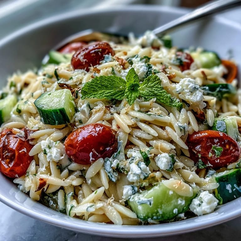Fresh herbs, juicy tomatoes, and tangy feta elevate this easy orzo salad with lemon dressing, a colorful vegetarian meal.