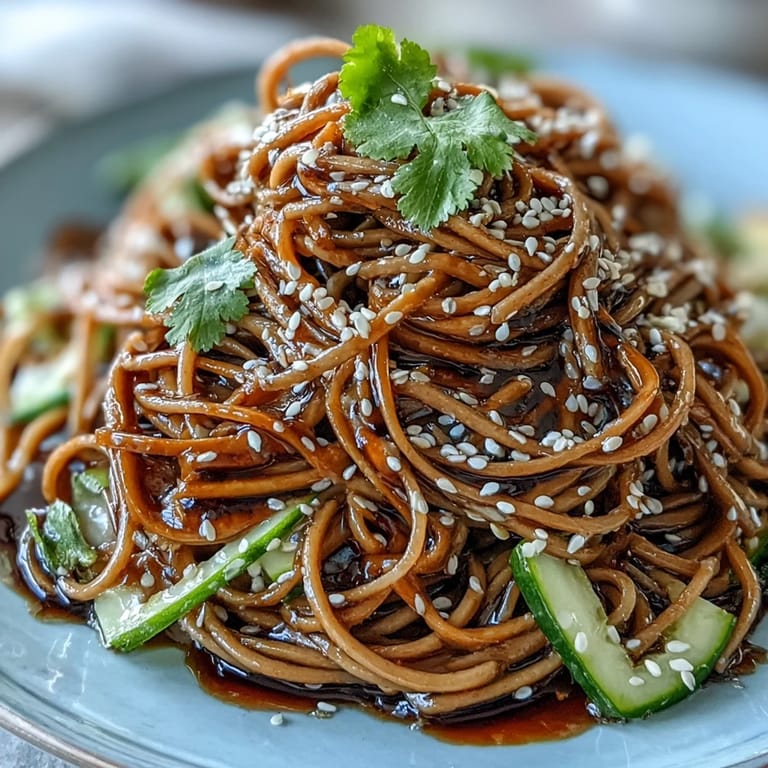 Refreshing Japanese-inspired soba noodle salad tossed with crunchy veggies and tangy sesame ginger dressing, ideal for warm days.