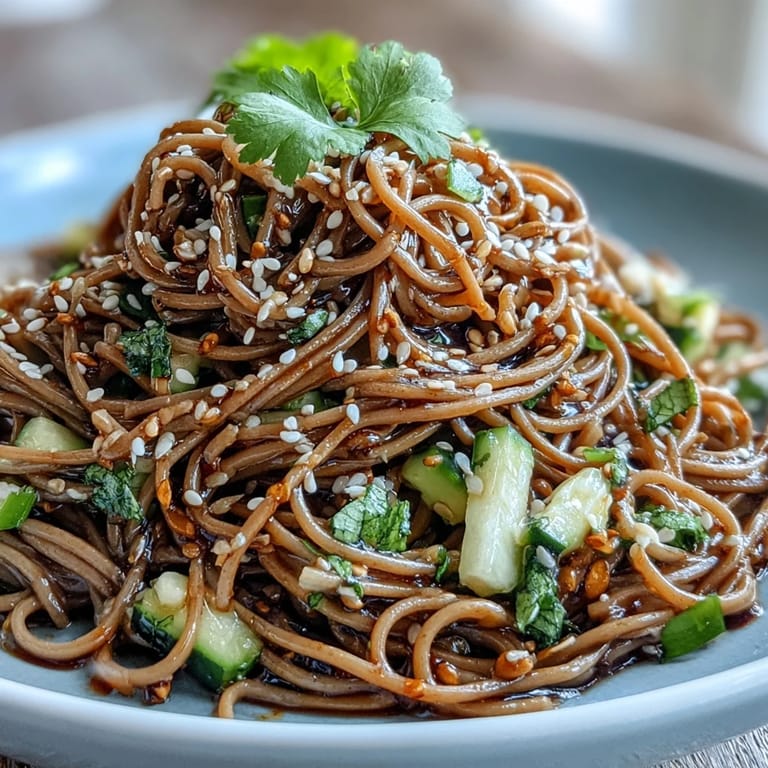 Colorful chilled soba noodles mixed with julienned vegetables and aromatic sesame ginger dressing, garnished with fresh cilantro and sesame seeds.