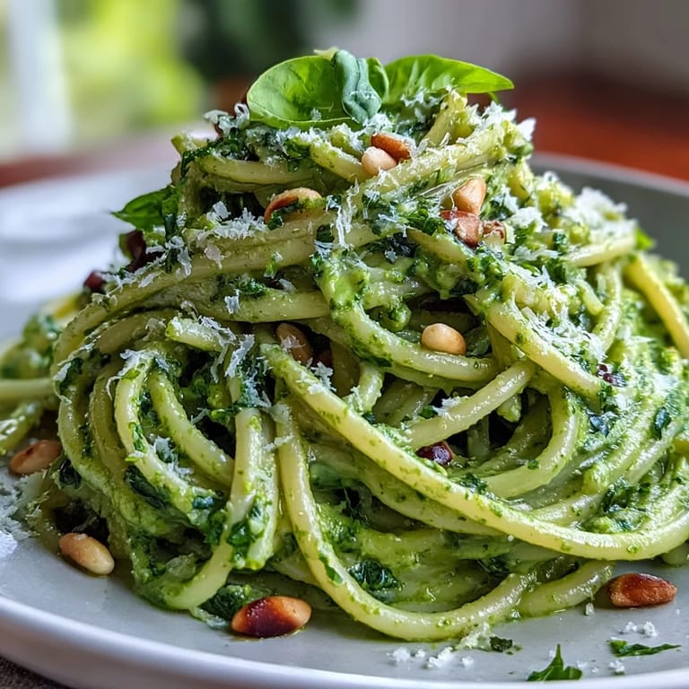 Vibrant green avocado pesto coats al dente spaghetti, topped with fresh basil and grated Parmesan for a quick vegetarian meal.