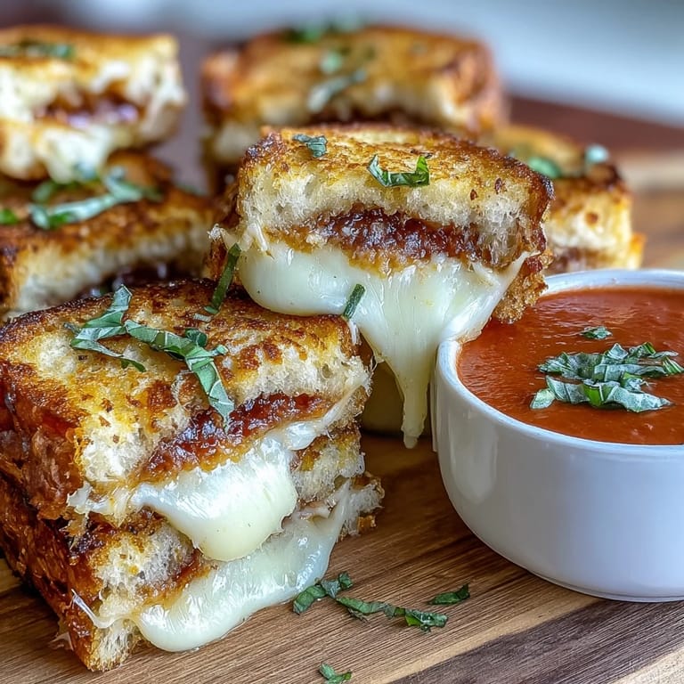 Golden mini grilled cheese dippers beside steaming tomato soup, ready for dunking.