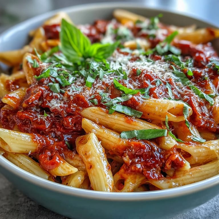 Vibrant One-Pot Creamy Tomato Basil Pasta topped with a sprinkle of Parmesan.