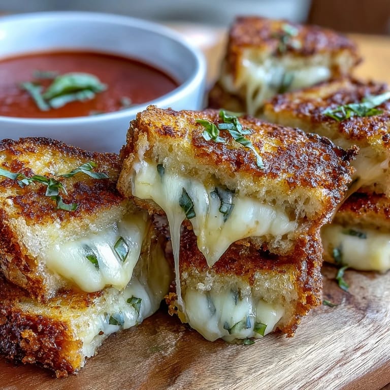 Melted cheddar mini grilled cheese dippers with rich tomato soup, perfect for dipping.