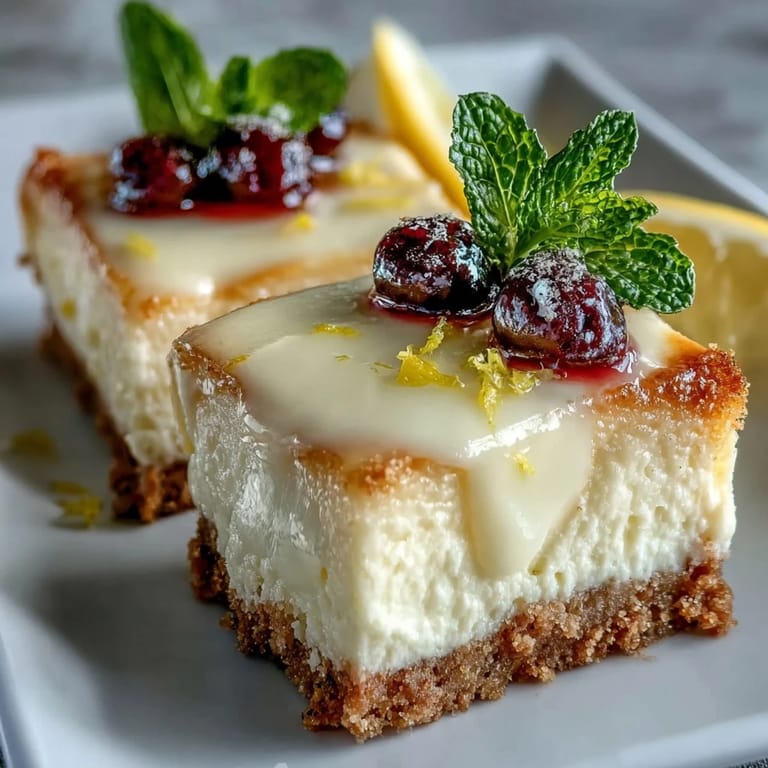 Luscious, cool Skyr Lemon Cheesecake Bars topped with fresh berries and zest.