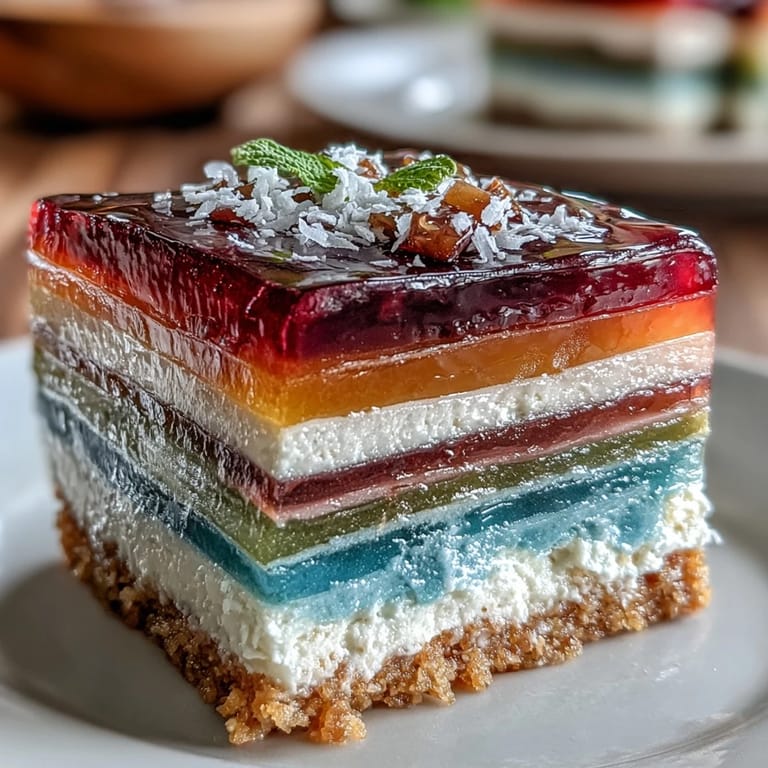 This visually stunning agar-agar rainbow jelly cake boasts fruity layers and coconut cream.