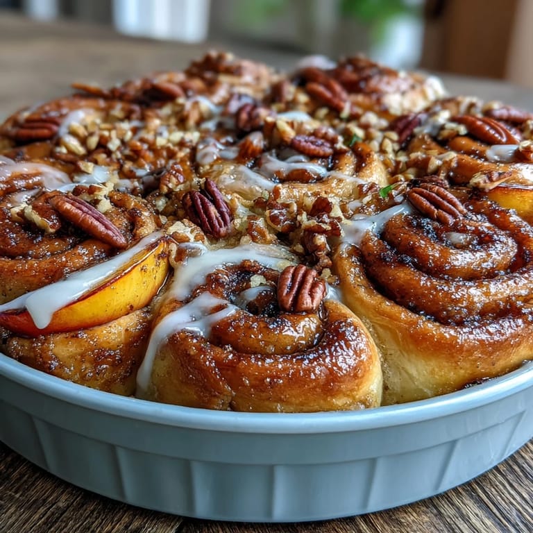 Warm Peach Cobbler Cinnamon Roll Casserole drizzled with icing, ready to enjoy.