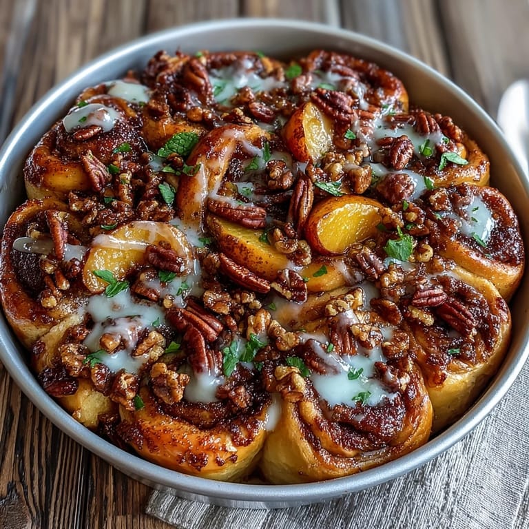 Decadent Peach Cobbler Cinnamon Roll Casserole with swirled dough and juicy fruit.