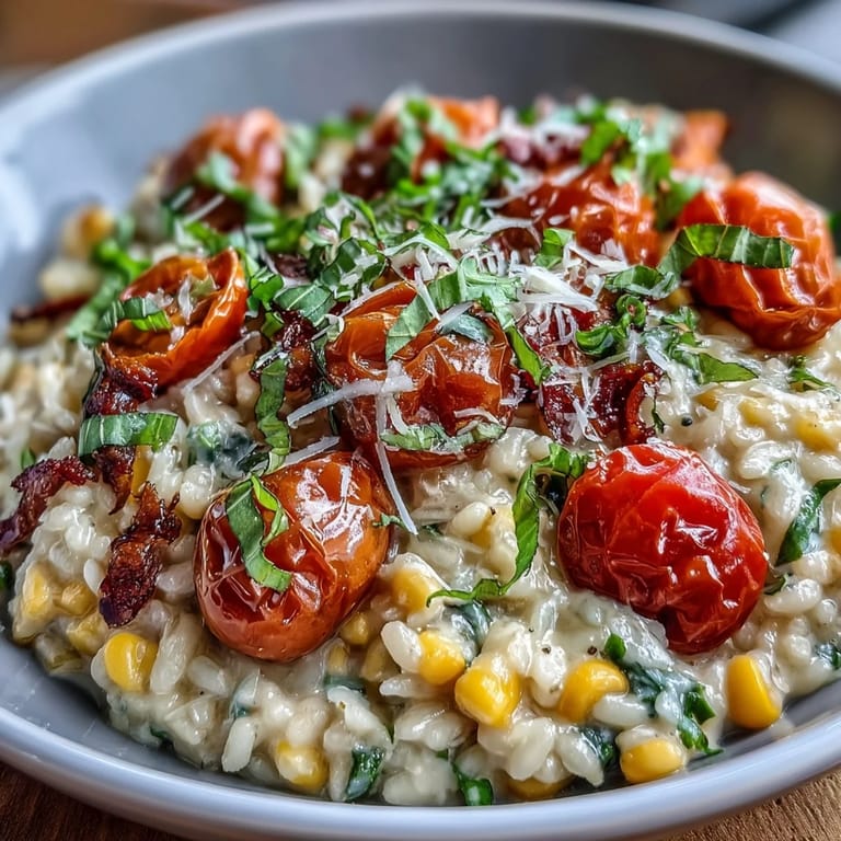 Vibrant, seasonal Summer Tomato Corn Risotto garnished with fresh basil.