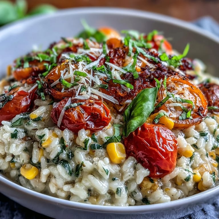 Hearty, cheesy Summer Tomato Corn Risotto ready