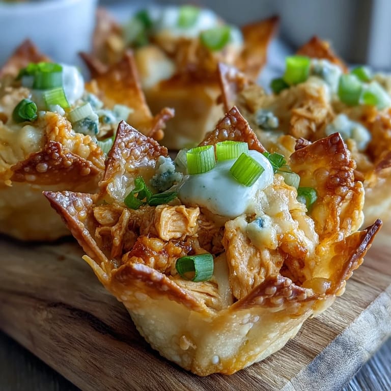 Creamy, spicy buffalo ranch chicken snack cups nestled in crispy wonton shells.